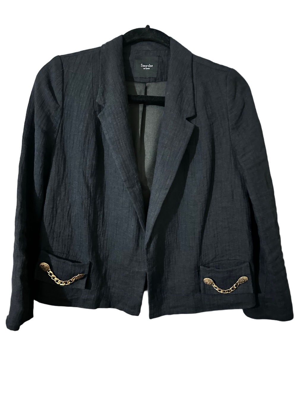 Smythe Black Linen-Blend Cropped Blazer with Gold Chain Pocket Detail Sz Medium